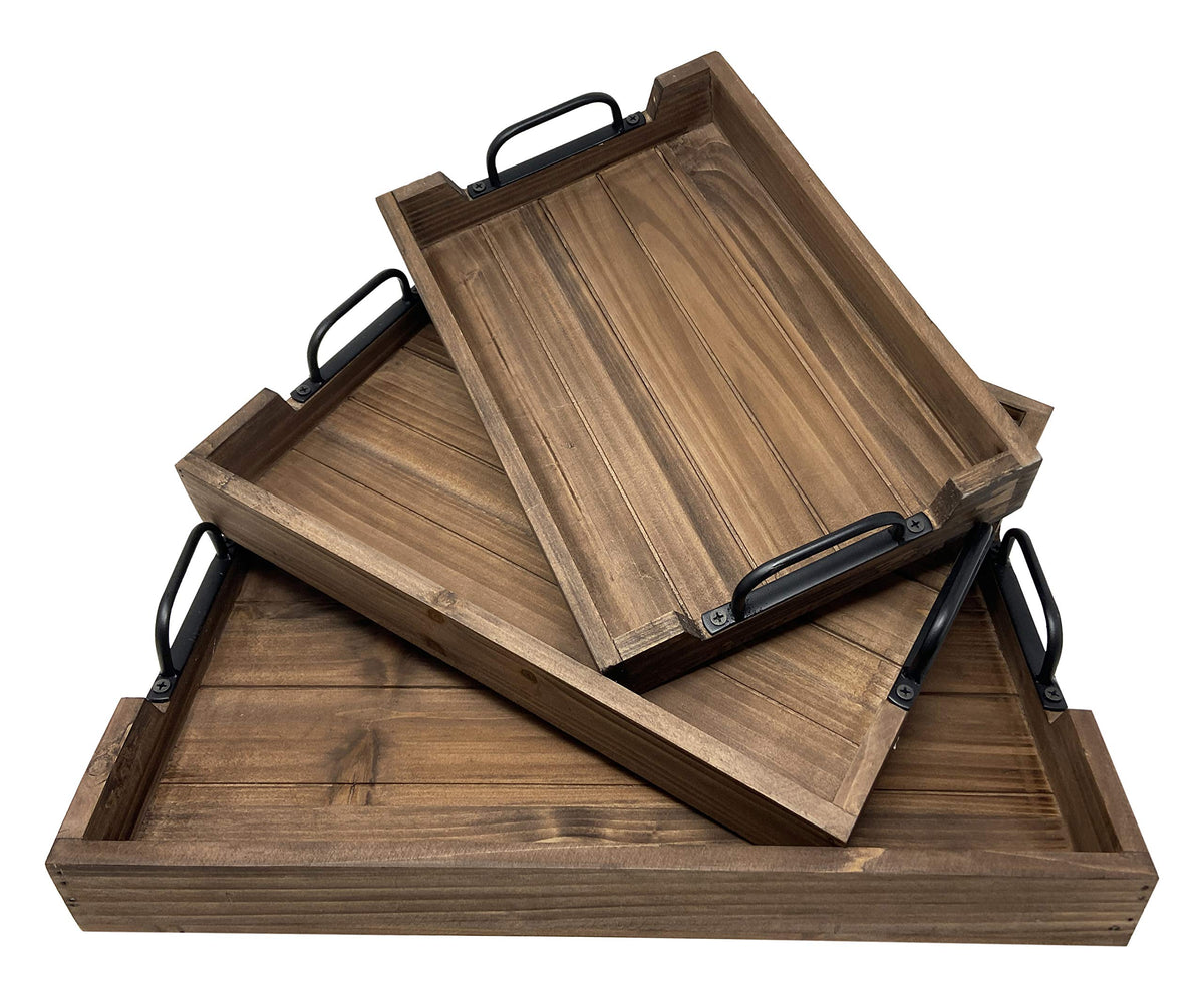 Rustic Nested Wooden Serving Tray Set — Set of 3